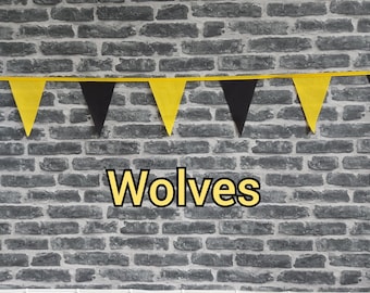 10ft - 50ft Lengths Handmade Football Team Colours Fabric Bunting - Wolverhampton Wanderers - Single Ply - Black & Yellow Flags - Gold Bias