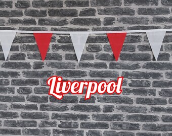 10ft - 50ft Lengths Handmade Football Team Colours Fabric Bunting - Liverpool - Single Ply  - Red & White Flags - White Bias Tape