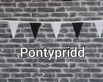 10ft Handmade Rugby Team Colours Fabric Bunting - Pontypridd RFC - Single Ply - Pinked Edges - Black & White Flags - White Bias Tape