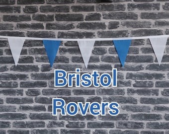 10ft - 50ft Lengths Handmade Football Team Colours Fabric Bunting - Bristol Rovers - Single Ply - Blue + White Flags - White Bias Tape