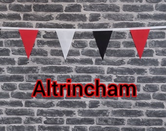 10ft Handmade Football Team Colours Fabric Bunting - Altrincham - Single Ply - Pinked Edges - Black, Red & White Flags - White Bias