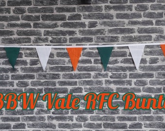 10ft Handmade Rugby Team Colours Fabric - EBBW Vale RFC - Single Ply - Pinked Edges - Green, Orange & White Flags - White Bias Tape