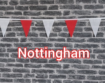 10ft Handmade Football Team Colours Fabric Bunting - Nottingham Forest - Single Ply - Pinked Edges - Red & White Flags - White Bias Tape