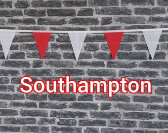 10ft - 50ft Lengths Handmade Football Team Colours Fabric Bunting - Southampton - Single Ply -Red & White Flags - White Bias Tape