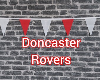 10ft Handmade Football Team Colours Fabric Bunting - Doncaster Rovers - Single Ply - Pinked Edges - Red & White Flags - White Bias Tape