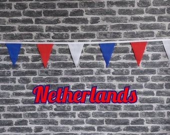 10ft - 50ft lengtes Handgemaakte voetbalteamkleuren Stoffen vlaggenlijn - Nederland - Enkellaags - Roze randen - Rood, Wit + Blauwe vlaggen