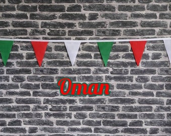 10ft - 50ft Lengths Handmade Fabric Bunting Football Sports Country Decoration - Oman - Single Ply - Pinked Edges - Red, Green & White Flags