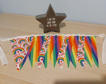 10ft HANDMADE Fabric St Valentine's Day Bunting LGBTQ Pride One Love - Single Ply - Rainbow Colours - White Bias Tape