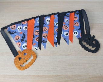 10ft HANDMADE Fabric Halloween Bunting - Single Ply -Fun Spooky Bats Pumpkins Skulls - Party Garden Home Decoration Black Purple Orange