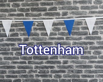 10ft - 50ft Lengths Handmade Football Team Colours Fabric Bunting - Tottenham Hotspur - Single Ply -  Blue + White Flags - White Bias Tape