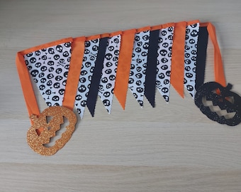 10ft HANDMADE Fabric Halloween Bunting - Single Ply - Spooky Scary Skull and Cross Bones - Party Garden Home Decoration Black White Orange