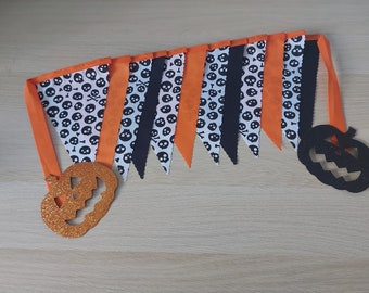 10ft HANDMADE Fabric Halloween Bunting - Single Ply - Spooky Scary Skull and Cross Bones - Party Garden Home Decoration Black White Orange