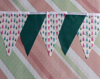 10ft HANDMADE Fabric Christmas Bunting - Single Ply - Pinked Edges - Festive Christmas Trees Forest Green Teal Pink Stars  - WHITE Bias Tape