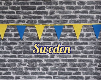 10ft - 50ft Lengths Handmade Football Team Colours Fabric Bunting - Sweden - Single Ply - Pinked Edges - Blue + Yellow Flags - Gold Bias