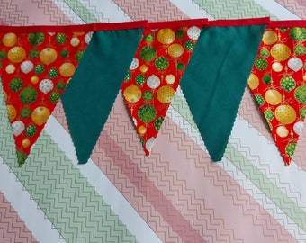 8ft HANDMADE Fabric Christmas Bunting - Single Ply - Pinked Edges - Festive Christmas Baubles Red Green Gold Traditional   - RED Bias Tape