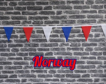 10ft - 50ft Lengths Handmade Fabric Bunting Football Sports Country Decoration - Norway - Single Ply - Pinked Edges - Red, White & Blue Flag