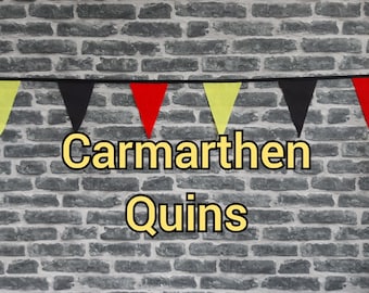 10ft Handmade Rugby Team Colours Fabric - Carmarthen Quins RFC - Single Ply - Pinked Edges - Black, Red & Yellow Flags - Black Bias Tape