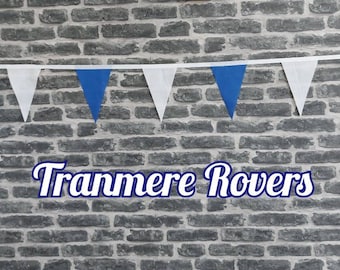 10ft Handmade Football Team Colours Fabric Bunting - Tranmere Rovers - Single Ply - Pinked Edges - Blue + White Flags - White Bias Tape