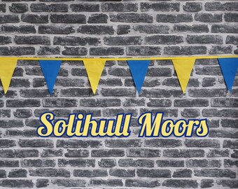 10ft Handmade Football Team Colours Fabric Bunting - Solihull Moors - Single Ply - Pinked Edges - Blue + Yellow Flags - Gold Bias Tape