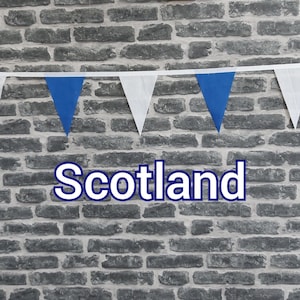 10ft - 50ft Lengths Handmade Football Team Colours Fabric Bunting - Scotland - Blue + White Flags - White Bias