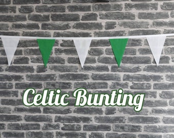 10ft Handmade Football Team Colours Fabric Bunting - Celtic - Single Ply - Pinked Edges - Green + White Flags - White Bias Tape