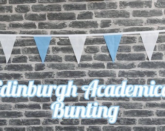 10ft Handmade Rugby Team Colours Fabric Bunting - Edinburgh Academical - Single Ply - Pinked Edges - Blue + White Flags - White Bias Tape