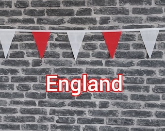 10ft - 50ft Lengths Handmade Football Team Colours Fabric Bunting - England - Single Ply - Pinked Edge - Red & White Flags - White Bias