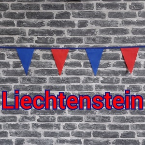 10 ft handgefertigte Wimpelkette aus Stoff für Fußball - Sport / Country Dekoration - Lichtenstein - Einlagig - Pinke Kanten - Blaue und rote Flagge