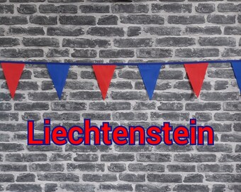 10ft Handmade Fabric Bunting Football Sports Coutry Decoration - Liechtenstein - Single Ply - Pinked Edges - Blue & Red Flags