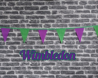 10ft - 50ft Lengths Handmade Wimbledon Colours Fabric Bunting - Sport - Single Ply - Pinked Edges - Green & Purple Flags - Green Bias
