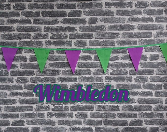 Featured listing image: 10ft - 50ft Lengths Handmade Wimbledon Colours Fabric Bunting - Sport - Single Ply - Pinked Edges - Green & Purple Flags - Green Bias