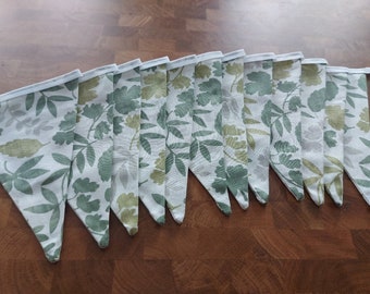 10ft HANDMADE Double Sided Fabric Bunting - Ready Made - Leaf Leaves Olive Sage Green Silver Grey - White Bias Tape