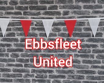 10ft Handmade Football Team Colours Fabric Bunting - Ebbsfleet United - Single Ply - Pinked Edges - Red & White Flags - White Bias Tape