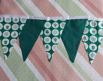 8ft HANDMADE Fabric Christmas Bunting - Single Ply - Pinked Edges - Bottle Green Christmas Trees Presents Festive Stars  - WHITE Bias Tape