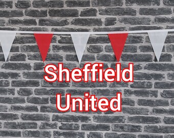 10ft - 50ft Lengths Handmade Football Team Colours Fabric Bunting - Sheffield United - Single Ply - Red & White Flags - White Bias Tape