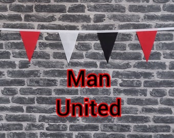 10ft - 50ft Lengths Handmade Football Team Colours Fabric Bunting - Manchester United - Single Ply -  Black, Red & White Flags - White Bias