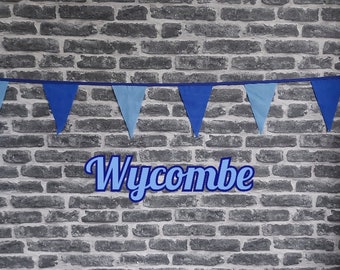 10ft - 50ft Lengths Handmade Football Team Colours Fabric Bunting - Wycombe Wanderers - Single Ply - Light & Dark Blue Flag - Blue Bias Tape