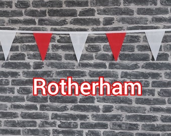 10ft - 50ft Lengths Handmade Football Team Colours Fabric Bunting - Rotherham United - Single Ply -  Red & White Flags - White Bias Tape