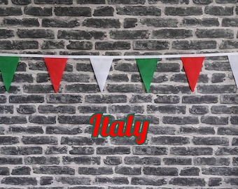 10ft - 50ft Lengths Handmade Football Team Colours Fabric Bunting - Italy - Single Ply - Pinked Edges - Red, White + Green  Flags