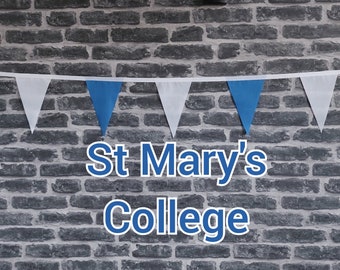 10ft Handmade Rugby Team Colours Fabric Bunting - St Mary's College RFC - Single Ply - Pinked Edges - Blue + White Flags - White Bias Tape