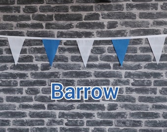 10ft Handmade Football Team Colours Fabric Bunting - Barrow AFC - Single Ply - Pinked Edges - Blue + White Flags - White Bias Tape