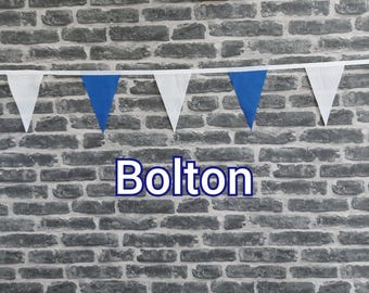 10ft - 50ft Lengths Handmade Football Team Colours Fabric Bunting - Bolton Wanderers - Single Ply - Blue + White Flags - White Bias Tape