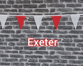 10ft - 50ft Lengths Handmade Football Team Colours Fabric Bunting - Exeter City - Single Ply -  Red & White Flags - White Bias Tape