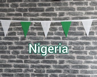 10ft Handmade Fabric Bunting Football Sports Coutry Decoration - Nigeria - Single Ply - Pinked Edges - Green & White Flags