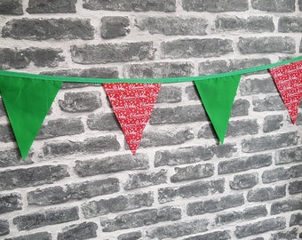 10ft HANDMADE Fabric Christmas Bunting - Single Ply - Pinked Edges - Green Red White Christmas Wishes - Green Bias Tape