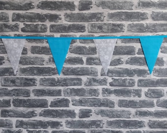 10ft HANDMADE Fabric Christmas Bunting - Single Ply - Pinked Edges - White Snowflakes on Grey Flags & Blue Flags Christmas - BLUE Bias Tape