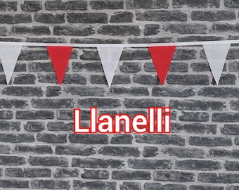10ft Handmade Rugby Team Colours Fabric Bunting - Llanelli - Single Ply - Pinked Edges - Red & White Flags - White Bias Tape