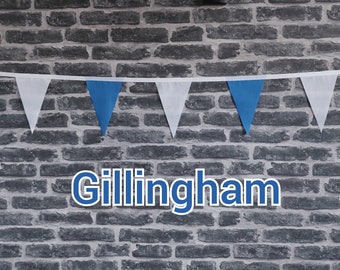 10ft Handmade Football Team Colours Fabric Bunting - Gillingham - Single Ply - Pinked Edges - Blue + White Flags - White Bias Tape