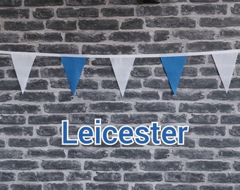 10ft - 50ft Lengths Handmade Football Team Colours Fabric Bunting - Leicester City - Single Ply - Blue + White Flags - White Bias Tape