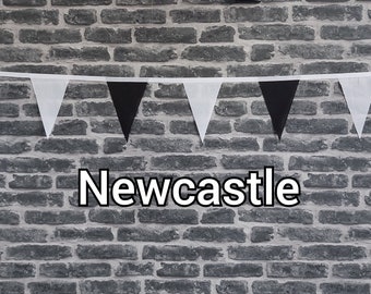 10ft - 50ft Lengths Handmade Football Team Colours Fabric Bunting - Newcastle - Single Ply - Black & White Flags - White Bias Tape